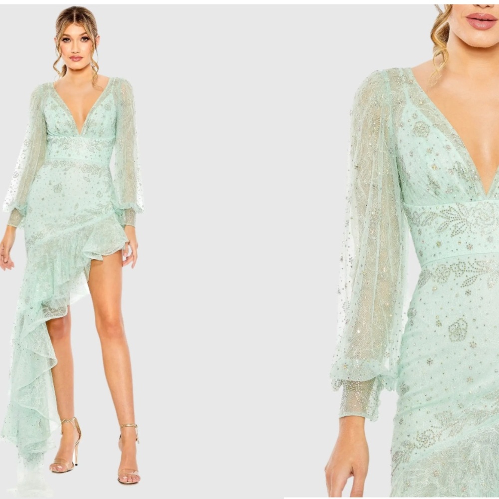 MAC DUGGAL 50744 V-NECK EMPIRE HIGH LOW SEAFOAM GOWN sz 4